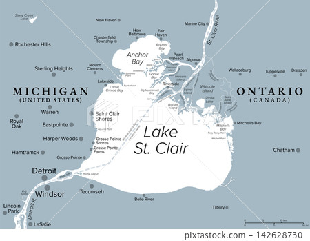 Lake St. Clair, part of Great Lakes system in North America, gray political map. Freshwater lake between Canadian province Ontario and U.S. state of Michigan northeast of Detroit and Windsor. Vector Lake St. Clair, part of Great Lakes system in North America, gray political map. Freshwater lake between Canadian province Ontario and U.S. state of Michigan northeast of Detroit and Windsor. Vector 142628730