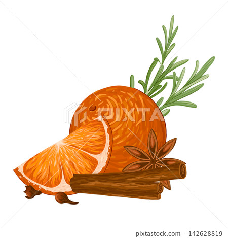 Star anise, cinnamon rolls, rosemary, clove and orange composition. Christmas illustration hand draw vector. Isolated on white background. Winter spices for mulled wine 142628819