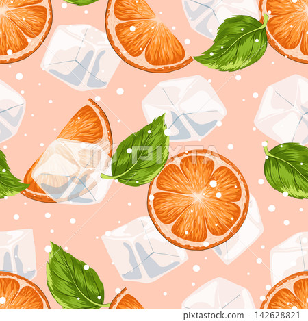 Fresh oranges lemonade seamless pattern. Bright summer background for restaurants, cafe, menu. Take away summer drink. Oranges, mint leaves, ice cubes. Food and drinks vector illustration Fresh oranges lemonade seamless pattern. Bright summer background for restaurants, cafe, menu. Take away summer drink. Oranges, mint leaves, ice cubes. Food and drinks vector illustration 142628821