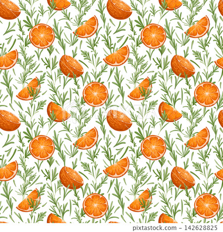 Seamless pattern with oranges and rosemary leaves. Sliced oranges, rosemary sprigs hand drawn vector illustration. Cozy decor on white background for print 142628825