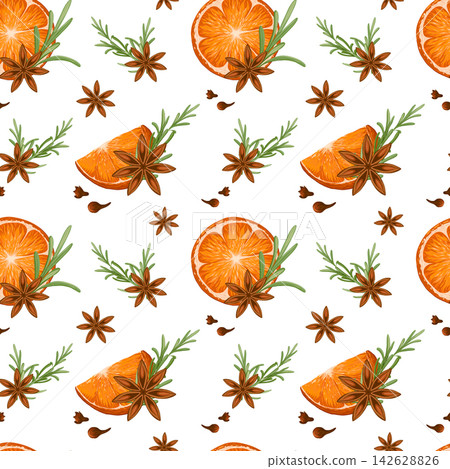Christmas seamless pattern with oranges and mulled wine spices. Sliced oranges, rosemary sprigs, star anise, clove hand drawn vector illustration. Cozy decor on white 142628826