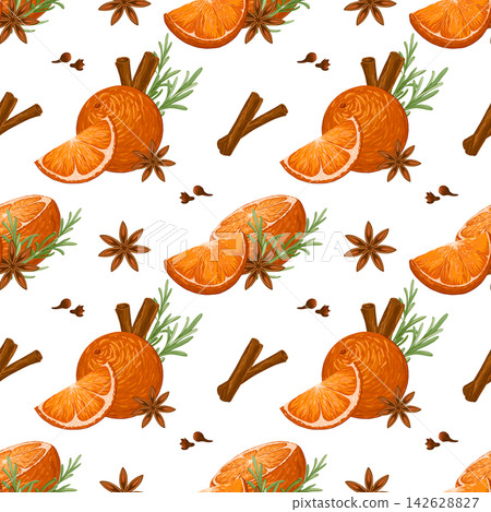 Christmas seamless pattern with oranges and mulled wine spices. Whole and sliced oranges, rosemary sprigs, star anise, clove, cinnamon rolls hand drawn vector illustration. Cozy decor on white 142628827
