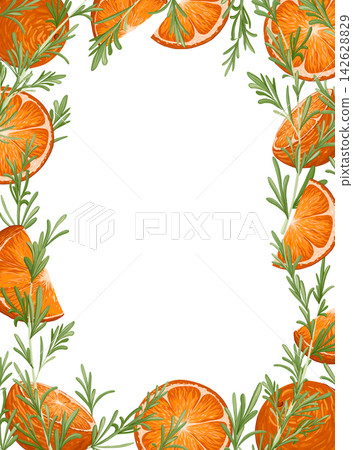 Oranges, rosemary sprigs vertical vector frame template. Rosemary branch, orange slices. Hand drawn illustration style. Seasonal winter decor with text place 142628829