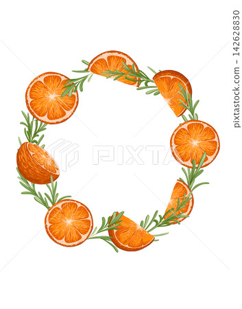 Oranges, rosemary sprigs circle vector frame template. Rosemary branch, orange slices. Hand drawn illustration style. Seasonal winter decor with text place 142628830