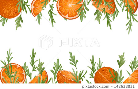 Oranges, rosemary sprigs horizontal vector frame template. Rosemary branch, orange slices. Hand drawn illustration style. Seasonal winter decor with text place Oranges, rosemary sprigs horizontal vector frame template. Rosemary branch, orange slices. Hand drawn illustration style. Seasonal winter decor with text place 142628831