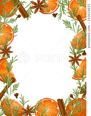Oranges, rosemary, cinnamon, anise vector frame template. Rosemary sprigs, orange slices, cinnamon sticks, cloves, anise. Hand drawn illustration style. Seasonal winter decor with text place 142628835