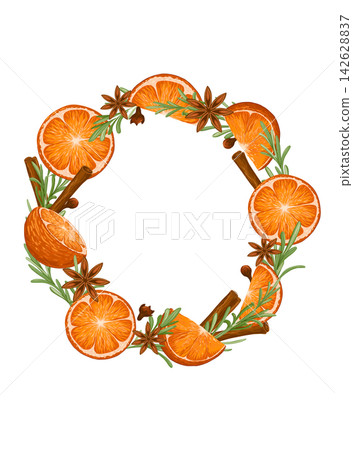 Oranges, rosemary, cinnamon, anise vector frame template. Rosemary sprigs, orange slices, cinnamon sticks, cloves, anise. Hand drawn illustration style. Seasonal winter decor with text place 142628837