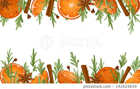 Oranges, rosemary, cinnamon, anise vector frame template. Rosemary sprigs, orange slices, cinnamon sticks, cloves, anise. Hand drawn illustration style. Seasonal winter decor with text place 142628839