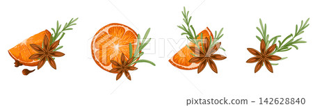 Star anise, cloves, rosemary and orange compositions set. Christmas illustration hand draw vector. Isolated on white background. Winter spices. 142628840