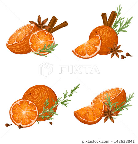 Star anise, cinnamon rolls, cloves, rosemary and orange compositions set. Christmas illustration hand draw vector. Isolated on white background. Winter spices. 142628841