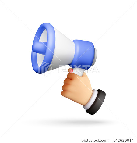 3D Hand holding blue megaphone 3D Hand holding blue megaphone 142629014