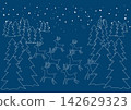 Christmas-themed blue monochrome line drawing illustration background material: winter night, reindeer, forest and starry sky 142629323