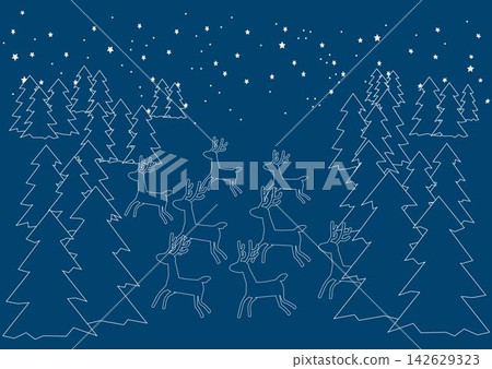 Christmas-themed blue monochrome line drawing illustration background material: winter night, reindeer, forest and starry sky Christmas-themed blue monochrome line drawing illustration background material: winter night, reindeer, forest and starry sky 142629323