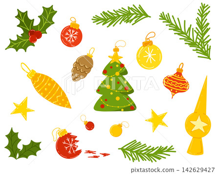 Christmas elements for design. Set with Christmas tree, gifts, garland, star, tree toys, santa hat, reindeer antlers, gingerbread man. Vector hand drawing in cartoon flat design Christmas elements for design. Set with Christmas tree, gifts, garland, star, tree toys, santa hat, reindeer antlers, gingerbread man. Vector hand drawing in cartoon flat design 142629427