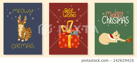 Christmas greeting cards set. Cute funny cats characters with hand drawn lettering. Vector illustration design templates for Merry Christmas and Happy New Year celebrations Christmas greeting cards set. Cute funny cats characters with hand drawn lettering. Vector illustration design templates for Merry Christmas and Happy New Year celebrations 142629428