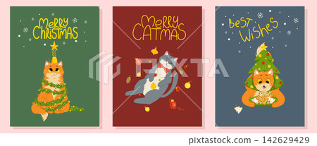 Christmas greeting cards set. Cute funny cats characters with hand drawn lettering. Vector illustration design templates for Merry Christmas and Happy New Year celebrations Christmas greeting cards set. Cute funny cats characters with hand drawn lettering. Vector illustration design templates for Merry Christmas and Happy New Year celebrations 142629429
