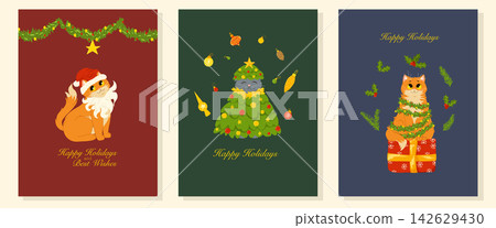 Christmas greeting cards set. Cute funny cats characters with hand drawn lettering. Vector illustration design templates for Merry Christmas and Happy New Year celebrations 142629430