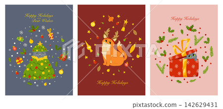 Christmas greeting cards set. Cute funny cats characters with hand drawn lettering. Vector illustration design templates for Merry Christmas and Happy New Year celebrations Christmas greeting cards set. Cute funny cats characters with hand drawn lettering. Vector illustration design templates for Merry Christmas and Happy New Year celebrations 142629431