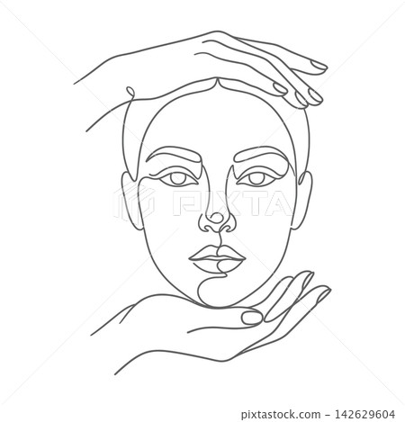 Continuous line drawing of female face with hands, minimalist art, beauty and self care concept, elegant portrait Continuous line drawing of female face with hands, minimalist art, beauty and self care concept, elegant portrait 142629604