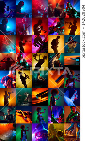 Vibrant grid of musicians performing under multicolored stage lights 142629904
