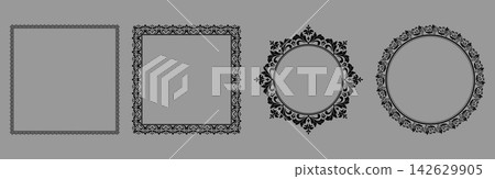 Set of decorative frames Elegant vector element for design in Eastern style, place for text. Floral black and gray frames. Lace illustration for invitations and greeting cards Set of decorative frames Elegant vector element for design in Eastern style, place for text. Floral black and gray frames. Lace illustration for invitations and greeting cards 142629905