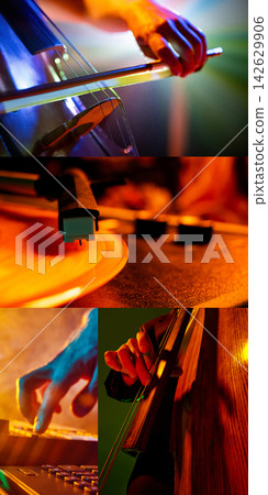 Close-up collage of hands playing instruments in warm stage light Close-up collage of hands playing instruments in warm stage light 142629906