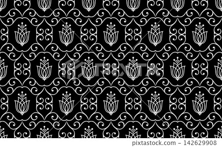 Wallpaper in the style of Baroque. White and black floral ornament. Seamless vector background. Graphic pattern for fabric, wallpaper, packaging. Ornate Damask flower illustration. Wallpaper in the style of Baroque. White and black floral ornament. Seamless vector background. Graphic pattern for fabric, wallpaper, packaging. Ornate Damask flower illustration. 142629908