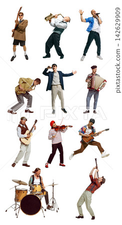 Playful arrangement of energetic singers and instrumental musicians Playful arrangement of energetic singers and instrumental musicians 142629909