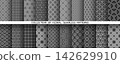 Geometric floral set of seamless patterns. Gray and black vector backgrounds. Damask graphic ornaments 142629910