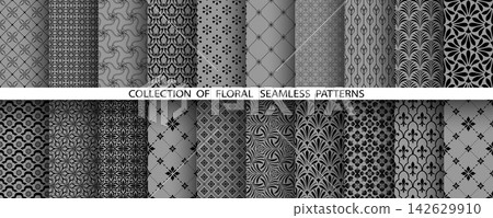 Geometric floral set of seamless patterns. Gray and black vector backgrounds. Damask graphic ornaments Geometric floral set of seamless patterns. Gray and black vector backgrounds. Damask graphic ornaments 142629910