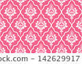 Wallpaper in the style of Baroque. White and pink floral ornament. Seamless vector background. Graphic pattern for fabric, wallpaper, packaging. Ornate Damask flower illustration 142629917