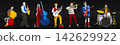 Stylized lineup of musicians with varied instruments on black background 142629922