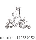 Glass bottle surrounded by garlic, chili pepper slices, and fresh basil leaves hand drawn black ink vector illustration. Cooking oil and seasoning ingredients sketch for kitchen menu, recipe design. 142630152