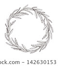 Olive branches with narrow leaves circular laurel wreath black ink vector drawing in vintage engraving style. Floral border with copy space. For wedding invitation, card, victory emblems 142630153