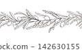Olive branch with leaves and berries seamless banner in engraving style. Hand drawn monochrome olive tree pattern for Mediterranean food menu, healthy lifestyle design, decorative website headers. 142630155