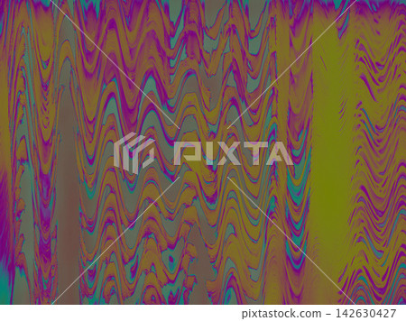 Abstract fluid pattern with vibrant purple and yellow wavy lines. Digital glitch art background with distorted geometric ripples. Psychedelic design. 142630427