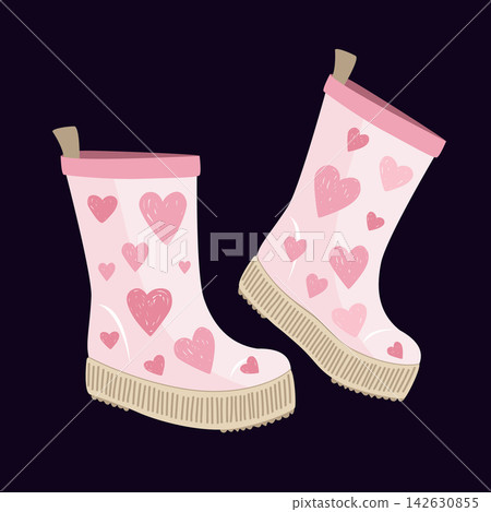 Rubber boots icon with cute hand drawn hearts. Isolated vector illustration of waterproof gumboots, pair of shoes for rainy weather, wellington boots for spring and autumn Rubber boots icon with cute hand drawn hearts. Isolated vector illustration of waterproof gumboots, pair of shoes for rainy weather, wellington boots for spring and autumn 142630855