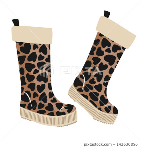 Rubber boots icon with cute leopard hearts. Isolated vector illustration of waterproof gumboots, pair of shoes for rainy weather, wellington boots for spring and autumn Rubber boots icon with cute leopard hearts. Isolated vector illustration of waterproof gumboots, pair of shoes for rainy weather, wellington boots for spring and autumn 142630856