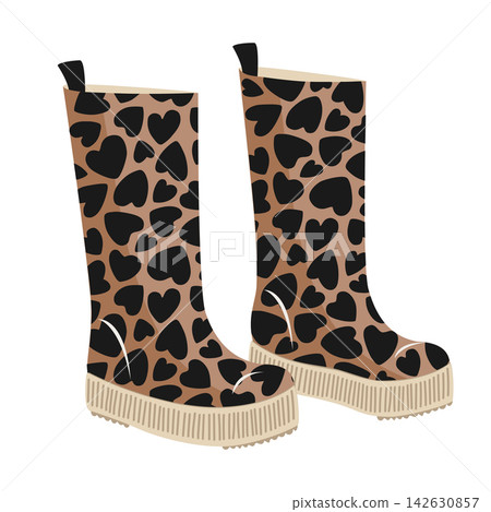 Rubber boots icon with cute leopard hearts. Isolated vector illustration of waterproof gumboots, pair of shoes for rainy weather, wellington boots for spring and autumn. Rubber boots icon with cute leopard hearts. Isolated vector illustration of waterproof gumboots, pair of shoes for rainy weather, wellington boots for spring and autumn. 142630857