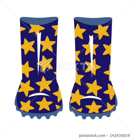 Rubber boots icon with yellow stars. Isolated vector illustration of waterproof gumboots, pair of shoes for rainy weather, wellington boots for spring and autumn. Rubber boots icon with yellow stars. Isolated vector illustration of waterproof gumboots, pair of shoes for rainy weather, wellington boots for spring and autumn. 142630859