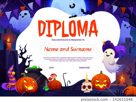 Kids diploma with funny ghosts characters, carved pumpkin lanterns and gravestones, spooky trees and flying bats under full moon night sky vector background frame. Halloween ghosts kids diploma award Kids diploma with funny ghosts characters, carved pumpkin lanterns and gravestones, spooky trees and flying bats under full moon night sky vector background frame. Halloween ghosts kids diploma award 142631046
