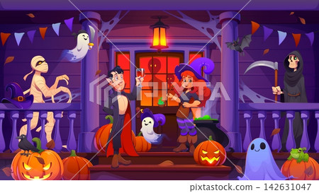 Halloween house porch with cartoon funny vampire and witch with cauldron, mummy, grim reaper and flying ghosts characters among glowing pumpkin lanterns. Halloween porch with garlands, cobweb and bats Halloween house porch with cartoon funny vampire and witch with cauldron, mummy, grim reaper and flying ghosts characters among glowing pumpkin lanterns. Halloween porch with garlands, cobweb and bats 142631047