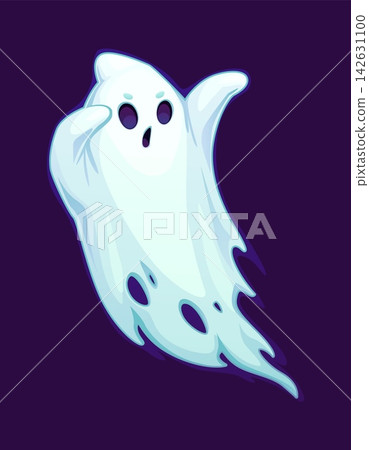 Halloween creepy ghost phantom cartoon character. Halloween scary monster or creature character, horror holiday spooky isolated spirit vector personage. Flying ghost mascot flying with scary face 142631100