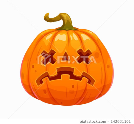 Halloween scary cartoon pumpkin dead eyes face. Halloween scary carving, creepy pumpkin isolated vector lantern. Horror holiday horror Jack o lantern with toothed mouth and cross shaped eyes Halloween scary cartoon pumpkin dead eyes face. Halloween scary carving, creepy pumpkin isolated vector lantern. Horror holiday horror Jack o lantern with toothed mouth and cross shaped eyes 142631101