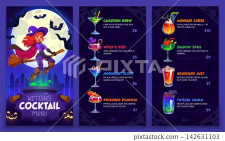 Happy Halloween witch menu template. Cartoon spooky night holiday cocktail drink menu with cute witch flying on broom over cauldron full of green potion. Festive beverage party glasses with garnishes Happy Halloween witch menu template. Cartoon spooky night holiday cocktail drink menu with cute witch flying on broom over cauldron full of green potion. Festive beverage party glasses with garnishes 142631103