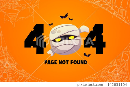 Halloween 404 page not found background with wrapped mummy head with glowing yellow eyes, bats and spider webs in the corners on orange screen. Spooky error page for seasonal website internet problems Halloween 404 page not found background with wrapped mummy head with glowing yellow eyes, bats and spider webs in the corners on orange screen. Spooky error page for seasonal website internet problems 142631104