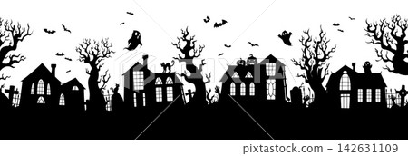 Halloween town or village landscape. Halloween horror holiday scary vector background with ghosts and bats silhouettes flying in sky, black cat and pumpkin on town mansion home roofs, cemetery graves 142631109