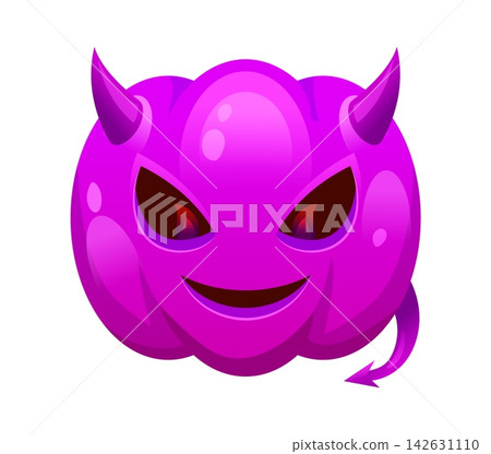 Halloween character icon of cartoon purple devil emoji shaped like a pumpkin with glowing red eyes, mischievous smile, and sharp horns. Vector playful Halloween spooky message emoticon, evil sticker Halloween character icon of cartoon purple devil emoji shaped like a pumpkin with glowing red eyes, mischievous smile, and sharp horns. Vector playful Halloween spooky message emoticon, evil sticker 142631110