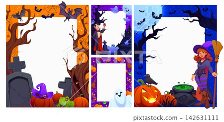 Happy Halloween holiday photo frames with cartoon witch and dracula characters. Funny Halloween pumpkins, ghosts and bats, cute witch and vampire at horror night cemetery photo frame borders set Happy Halloween holiday photo frames with cartoon witch and dracula characters. Funny Halloween pumpkins, ghosts and bats, cute witch and vampire at horror night cemetery photo frame borders set 142631111
