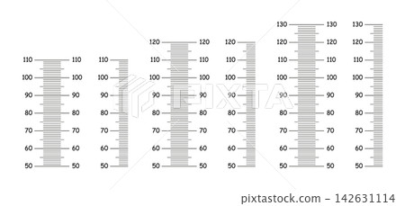 Height flat charts from 50 to 110, 120, 130 centimeters simple icons set. Layouts Growth wall sticker black layouts. Meter wall, growth rulers. 142631114